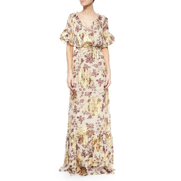 Diane von Furstenberg Jane Metallic Print Silk Chiffon Maxi Dress