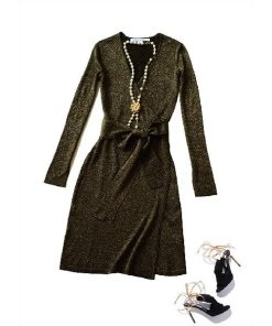 Diane Von Furstenberg Wool Blend Wrap Sweater Dress in Black Gold evachic.com