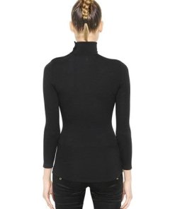 Balmain Gold Metal Button Trimmed Fine Wool Turtleneck