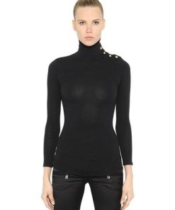 Balmain Gold Metal Button Trimmed Fine Wool Turtleneck