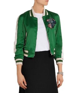 Maje Bacary Embroidered Stretch-Satin Bomber Jacket