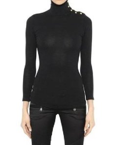 Balmain Gold Metal Button Trimmed Fine Wool Turtleneck