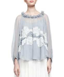Chloe Ruffled Lace-Appliqued Silk-Crepon Blouse