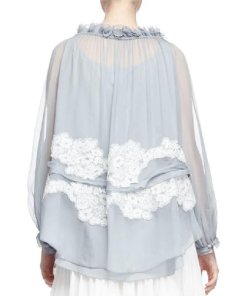 Chloe Ruffled Lace-Appliqued Silk-Crepon Blouse