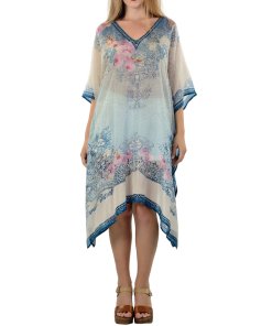 evaChic Joan V-Neck Floral Print Silk Kaftan