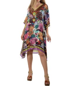 evaChic Solange V-Neck Ethnic Print Silk Kaftan