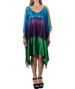 evaChic Lily V-Neck Fringed Ombré Silk Satin Kaftan