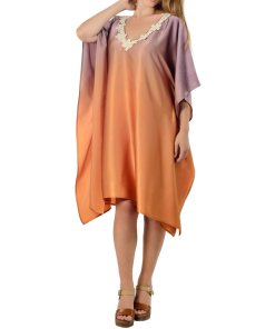 evaChic Rosie V-Neck Lace-Trim Ombré Silk Satin Kaftan