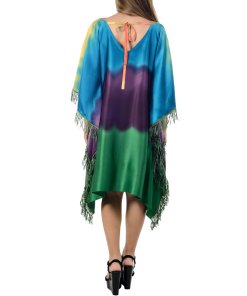 evaChic Lily V-Neck Fringed Ombré Silk Satin Kaftan