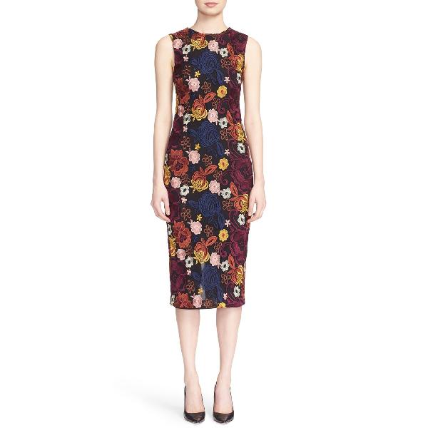 Alice + Olivia Nat Floral Embroidered Sleeveless Midi Sheath Dress  evaChic