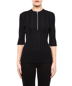 Céline Ribbed Knit Short-Sleeve Front Zip Top