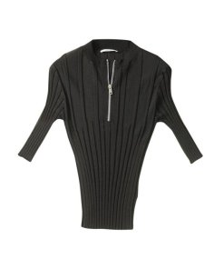 Céline Ribbed Knit Short-Sleeve Front Zip Top