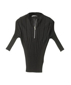 Céline Ribbed Knit Short-Sleeve Front Zip Top