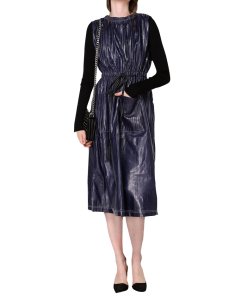 strapless open back dress Mixed Media Leather Pleated Ozzy Midi Dress
