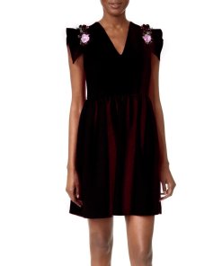 MSGM Floral Embellished Linen Blend Flared Dress