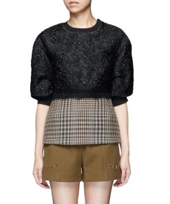 3.1 Phillip Lim Floral Cloqué Houndstooth Hem Puff Sleeve Top
