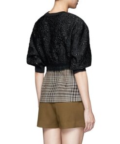 3.1 Phillip Lim Floral Cloqué Houndstooth Hem Puff Sleeve Top