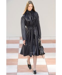 Céline Drawstring Waist Pleated Leather Dress