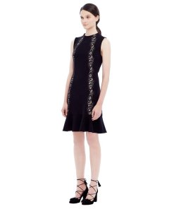 Rebecca Taylor Lace Detail Flared Hem Crepe Dress