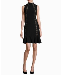 Rebecca Taylor Lace Detail Flared Hem Crepe Dress