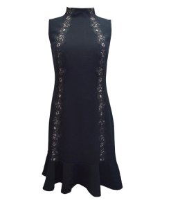 Rebecca Taylor Lace Detail Flared Hem Crepe Dress