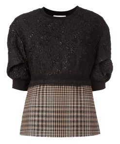 3.1 Phillip Lim Floral Cloqué Houndstooth Hem Puff Sleeve Top