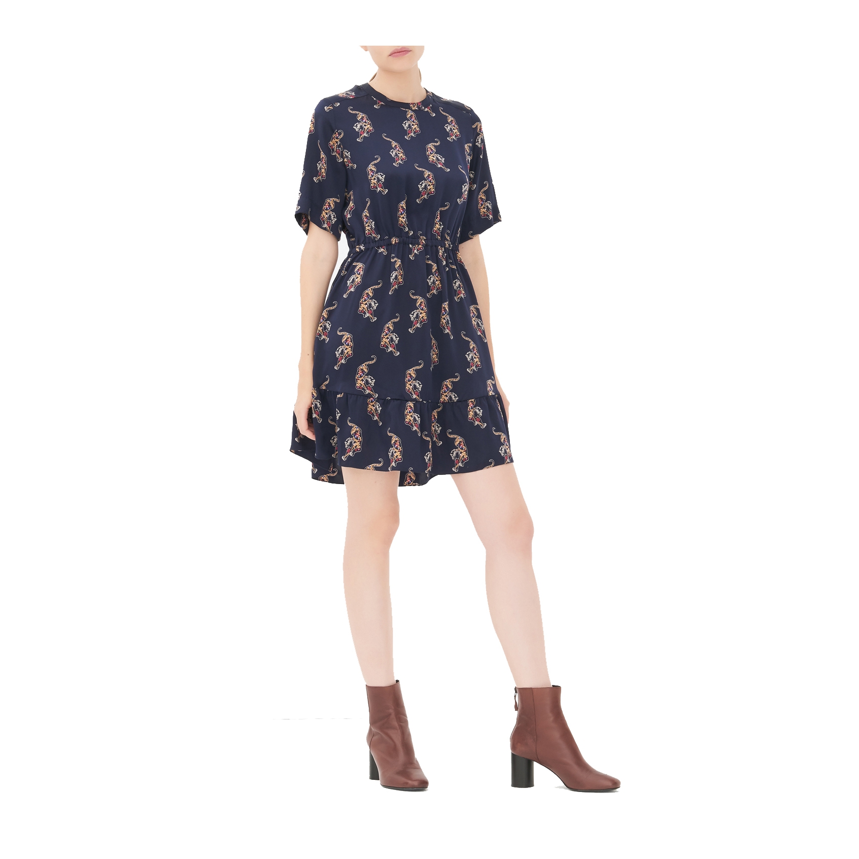 Sandro Tiger Print Ruffle Hem Silk Dress  evaChic