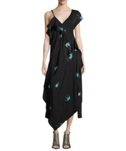 Diane von Furstenberg Bird Print Silk Ruffle Dress