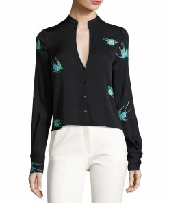 Diane von Furstenberg Bird-Print Silk V-Neck Shirt