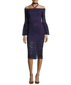 Alexis Odette Velvet Necktie Off-the-Shoulder Lace Dress