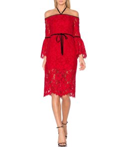 Alexis Odette Velvet Necktie Off-the-Shoulder Lace Dress