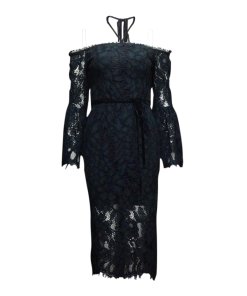 Alexis Odette Velvet Necktie Off-the-Shoulder Lace Dress