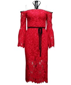 Alexis Odette Velvet Necktie Off-the-Shoulder Lace Dress