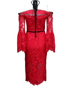 Alexis Odette Velvet Necktie Off-the-Shoulder Lace Dress
