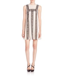 Alice + Olivia Edwina Lace Accent Stretch Silk Shift Dress