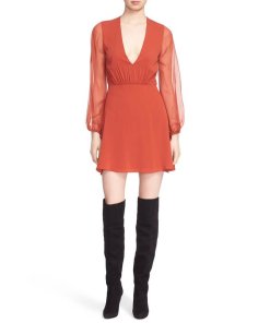 Alice + Olivia Cary Deep V-Neck Sheer Sleeve Fit & Flare Dress