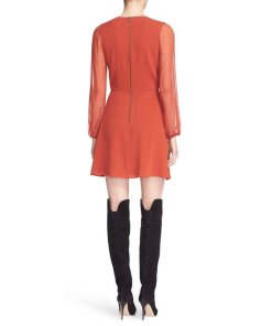 Alice + Olivia Cary Deep V-Neck Sheer Sleeve Fit & Flare Dress
