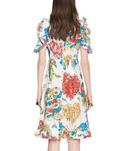 Gucci Corsage Print Pearl Button Ruffle Silk Dress