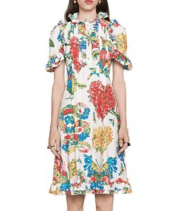 Gucci Corsage Print Pearl Button Ruffle Silk Dress