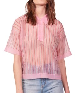 Sandro Pink-Striped Collared Top