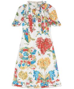 Gucci Corsage Print Pearl Button Ruffle Silk Dress