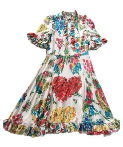 Gucci Corsage Print Pearl Button Ruffle Silk Dress