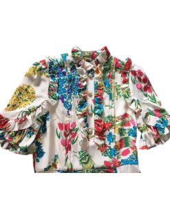 Gucci Corsage Print Pearl Button Ruffle Silk Dress