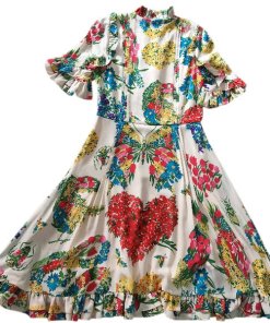 Gucci Corsage Print Pearl Button Ruffle Silk Dress