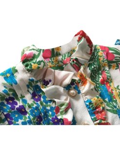 Gucci Corsage Print Pearl Button Ruffle Silk Dress