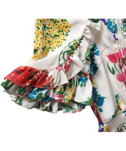 Gucci Corsage Print Pearl Button Ruffle Silk Dress