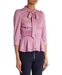 Balenciaga Striped Pussy Bow Ruched Waist Peplum Top