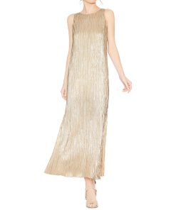 Alice + Olivia Lucia Metallic Plissé Tea-Length Dress