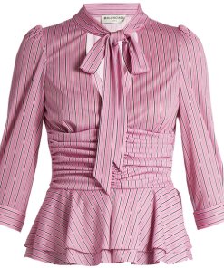 Balenciaga Striped Pussy Bow Ruched Waist Peplum Top
