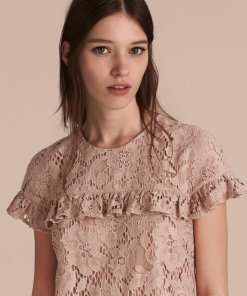 Burberry Ruffle Shoulder Midi Lace Shift Dress